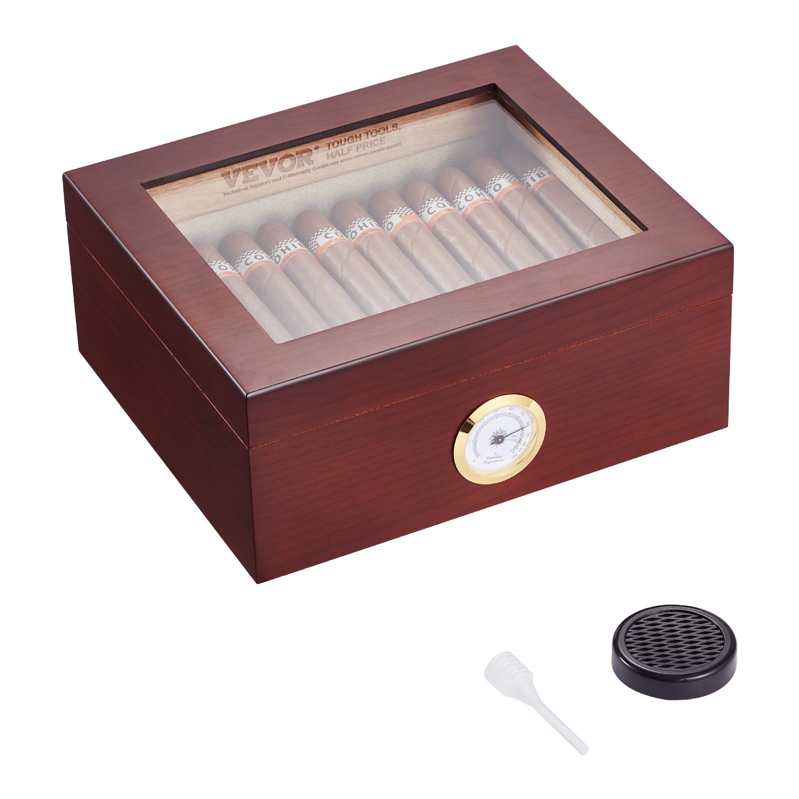 Humidor na cygara VEVOR, pudełko na cygara ze szklaną pokrywką, ręcznie robione pudełko na cygara z hiszpańskiego drewna cedrowego, pudełko do przechowywania cygar z nawilżaczem i przegrodą, na 30-50 cygar