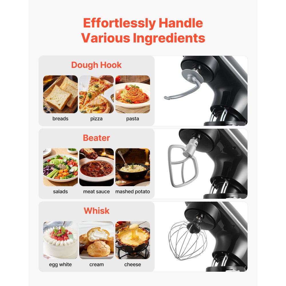 Mikser stojący VEVOR do ciasta 1400 W, 5,68 l, z głowicą uchylną, misą ze stali nierdzewnej, hakiem do ciasta, trzepaczką, skrobakiem, robotem kuchennym do pieczenia i mieszania, czarny
