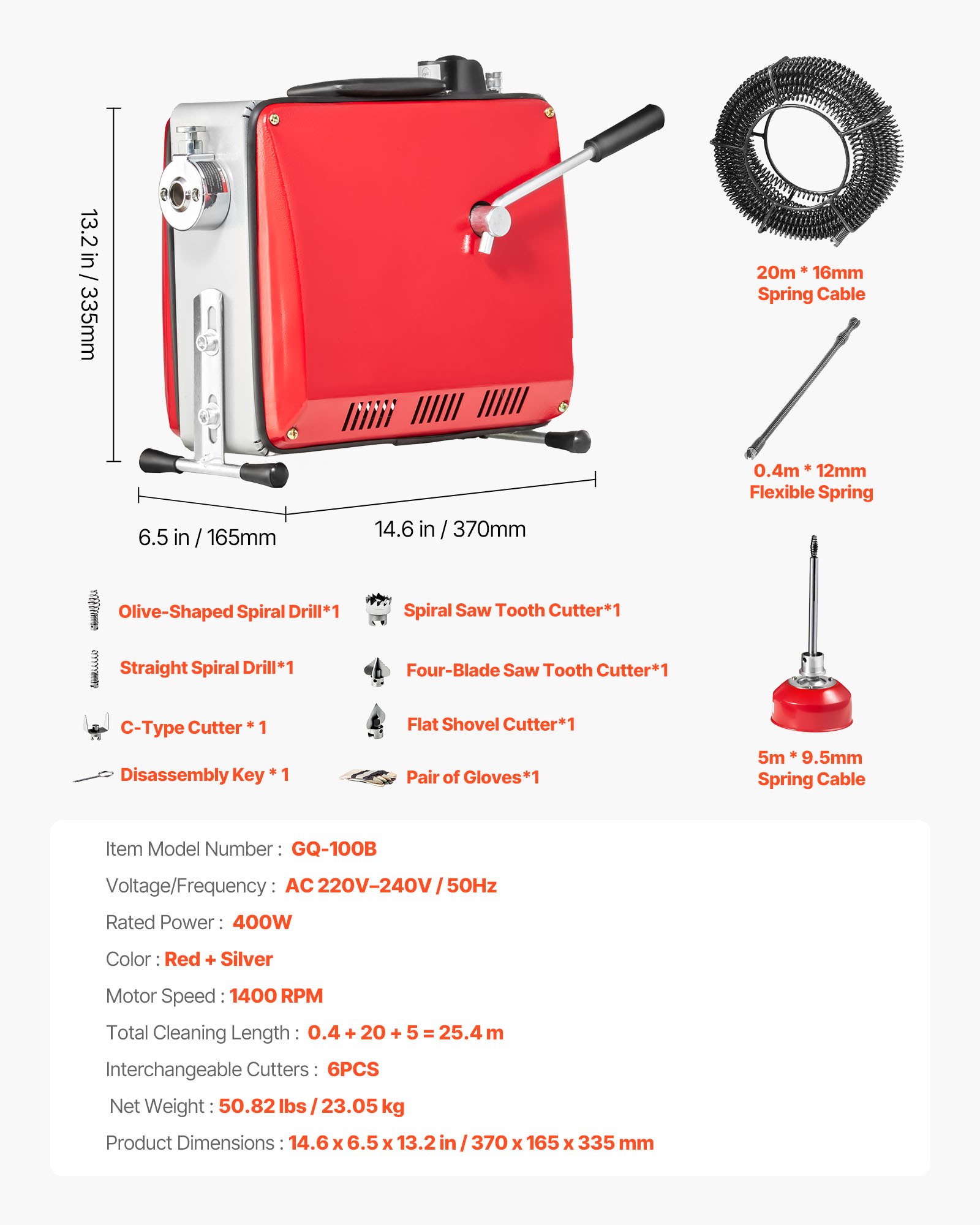 VEVOR Drain Cleaner Machine, 400W 1400RPM Electric Pipe Drain Cleaning Machine Sewer Snake with 20m x 16mm, 5m x 9.5mm & 0.4m x 12mm Steel Spring Cable and 6 Cutters, Fit 50-110 mm Diameter Pipes