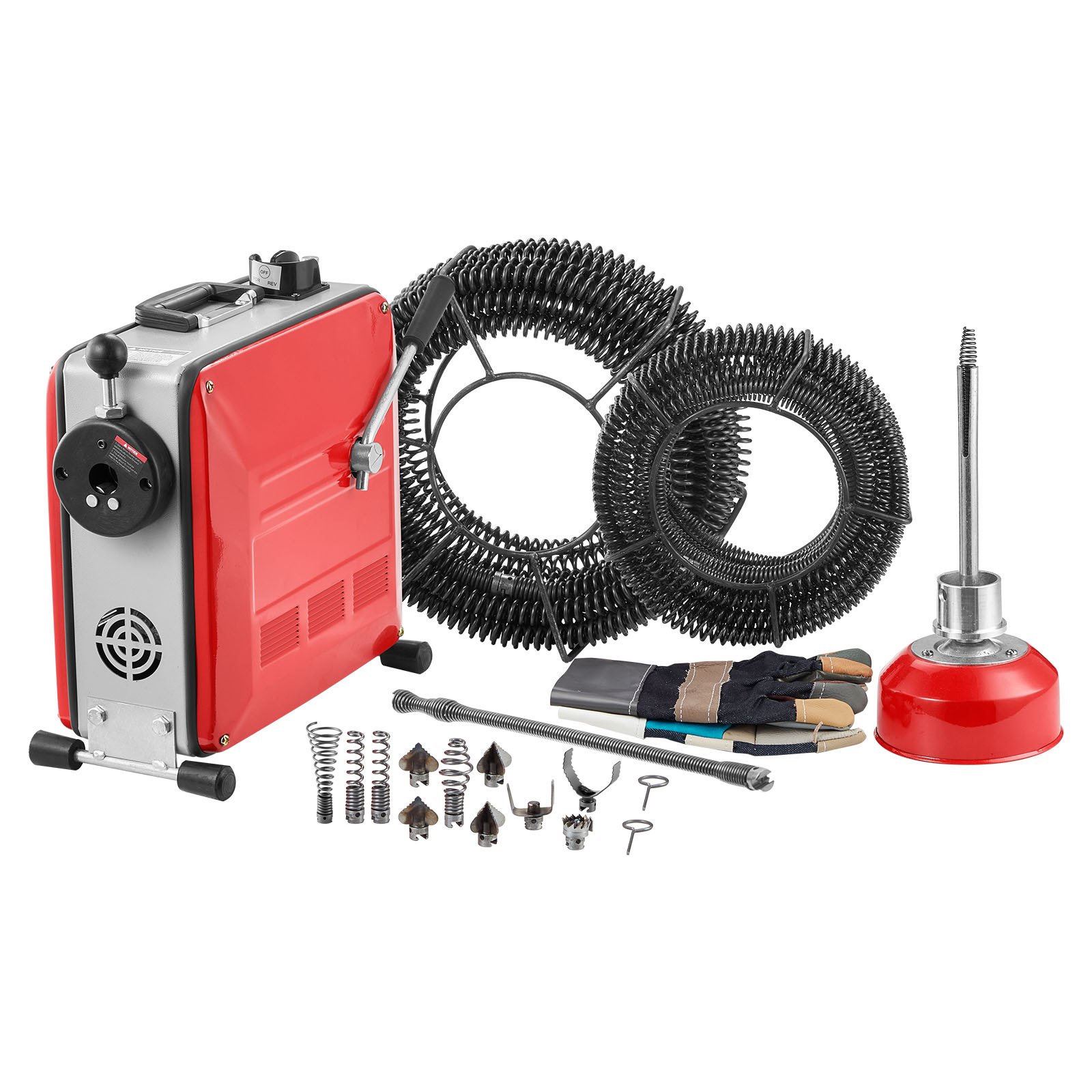 VEVOR Elektryczna maszyna do czyszczenia odpływów, 850 W, 14,5 m x 16 mm, 14 m x 22 mm i 5 m x 9,5 mm kabel sprężynowy, 0,4 m x 12 mm elastyczna sprężyna i 11 nożyc, do rur o średnicy 50–200 mm