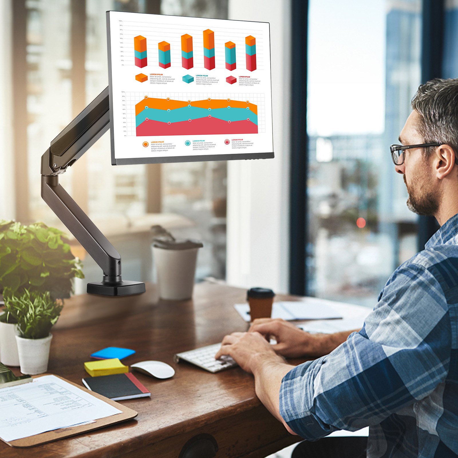 Pojedynczy uchwyt do montażu monitora VEVOR Pasuje do monitora o przekątnej 330–813 mm, stop aluminium 75 x 75 mm i 100 x 100 mm, wzór VESA, uchwyt z regulacją wysokości, obrotowy, pochylany