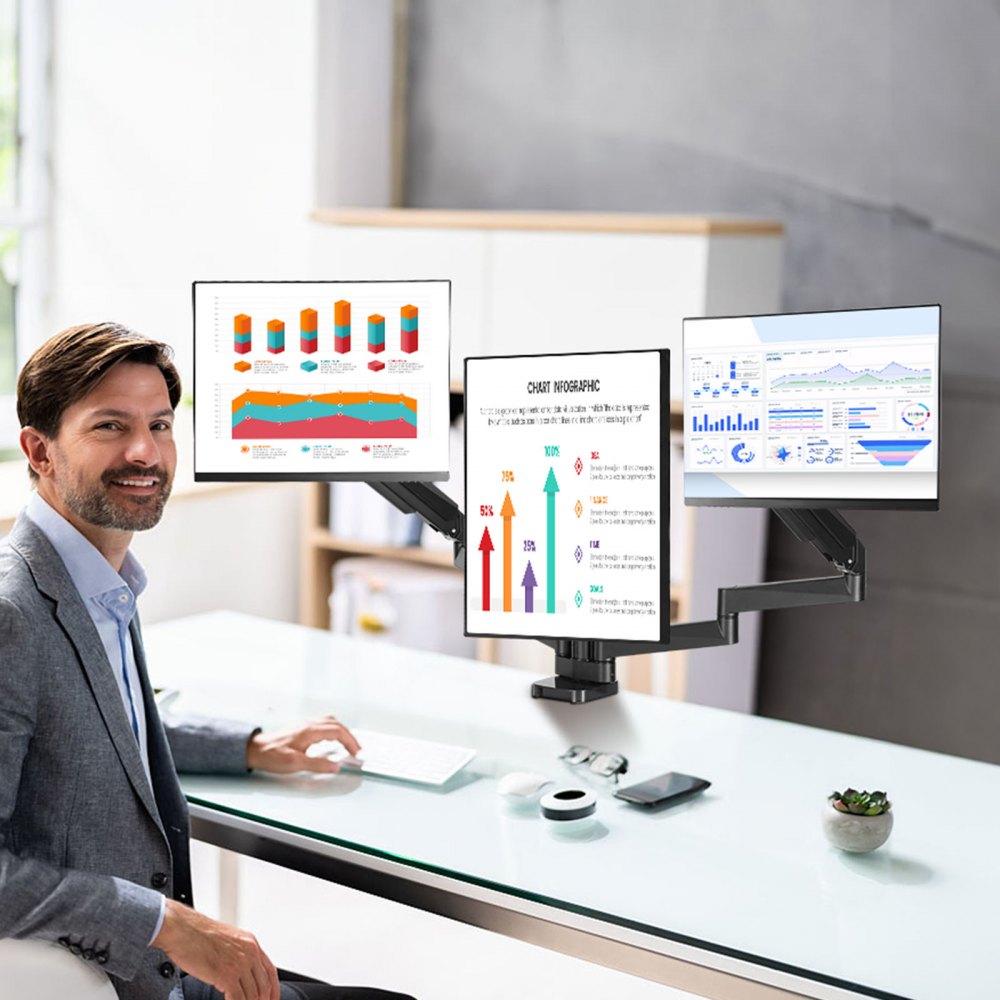 Ramię nośne do montażu monitora VEVOR na 3 monitory 330-686 mm, uchwyt stołowy z regulacją wysokości, 75 x 75 mm i 100 x 100 mm Uchwyt monitora ze wzorem VESA Obrót o 360 stopni, przechylenie, czarny