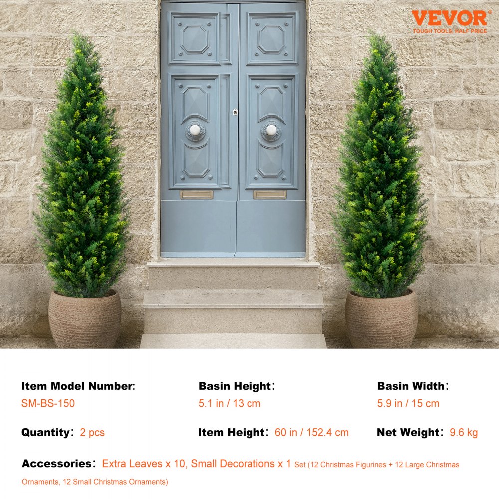 VEVOR Artificial Topiary Cedar Tree, 152.4 cm Tall (2 Pieces), with Extra Leaves and Pot, Artificial Evergreen Pine Cypress Plant, UV-Protected Artificial Greenery Set
