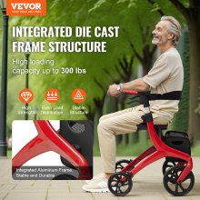 Składany wózek spacerowy VEVOR dla seniorów 830-900 mm Aluminiowy wózek do chodzenia z siedziskiem i regulowaną rączką Lekki wózek na 4 koła do użytku na zewnątrz z torbą do przechowywania Nośność 136 kg Czerwony