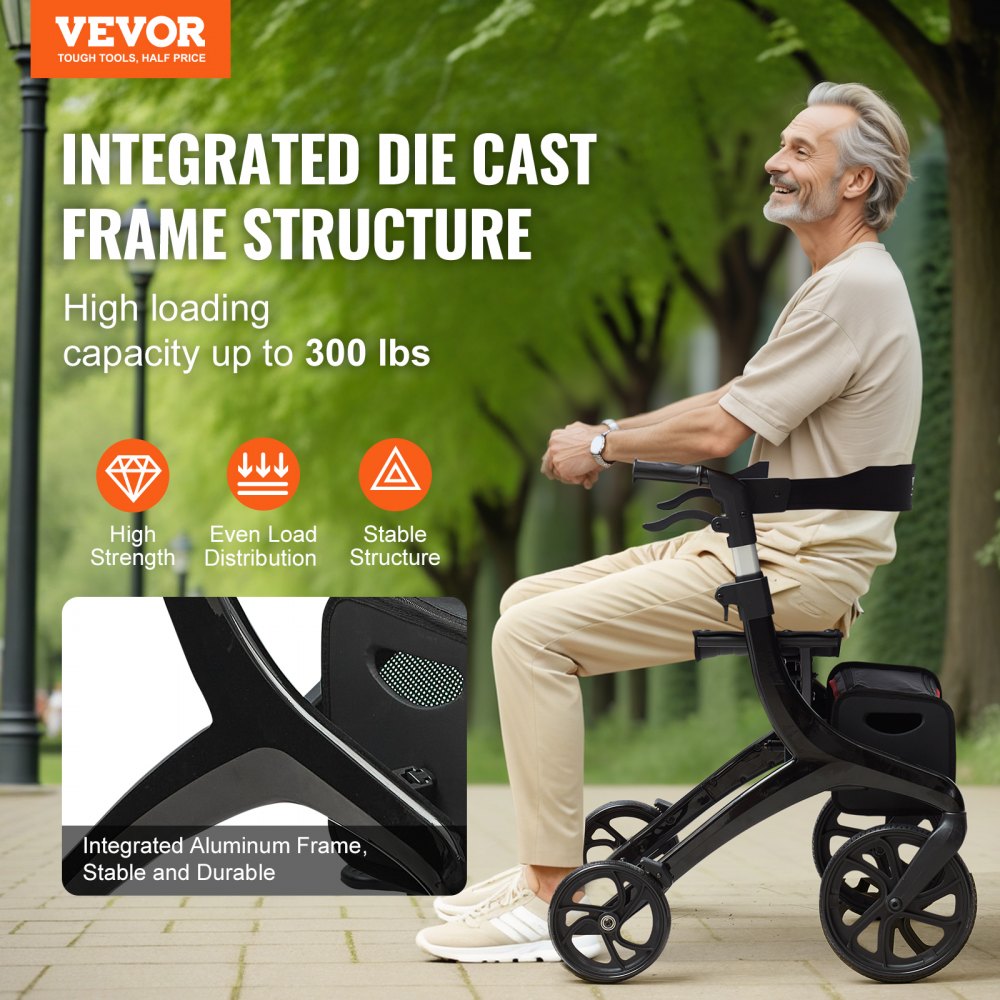 VEVOR składany chodzik dla seniorów, lekki aluminiowy chodzik z siedziskiem i regulowaną rączką, 4-kołowy chodzik do użytku na zewnątrz z torbą do przechowywania, nośność 136 kg, kolor czarny