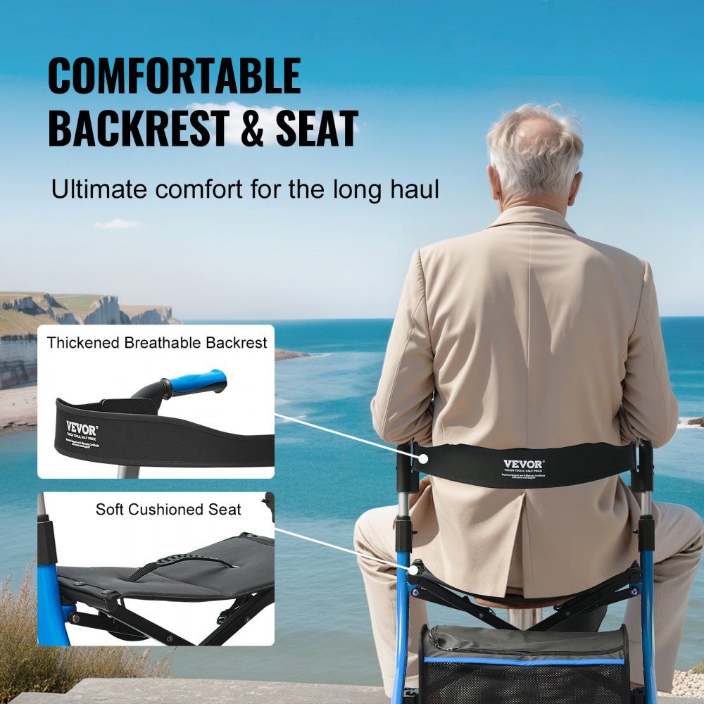VEVOR składany chodzik dla seniorów, lekki aluminiowy chodzik z siedziskiem i regulowaną rączką, 4-kołowy chodzik do użytku na zewnątrz z torbą do przechowywania, udźwig 136 kg, kolor niebieski
