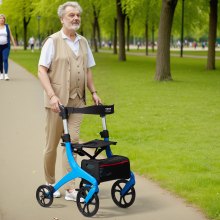 Składany wózek spacerowy VEVOR dla seniorów, lekki aluminiowy wózek z siedziskiem i regulowaną rączką, 4-kołowy chodzik do przemieszczania się na zewnątrz z torbą do przechowywania, nośność 136 kg, niebieski