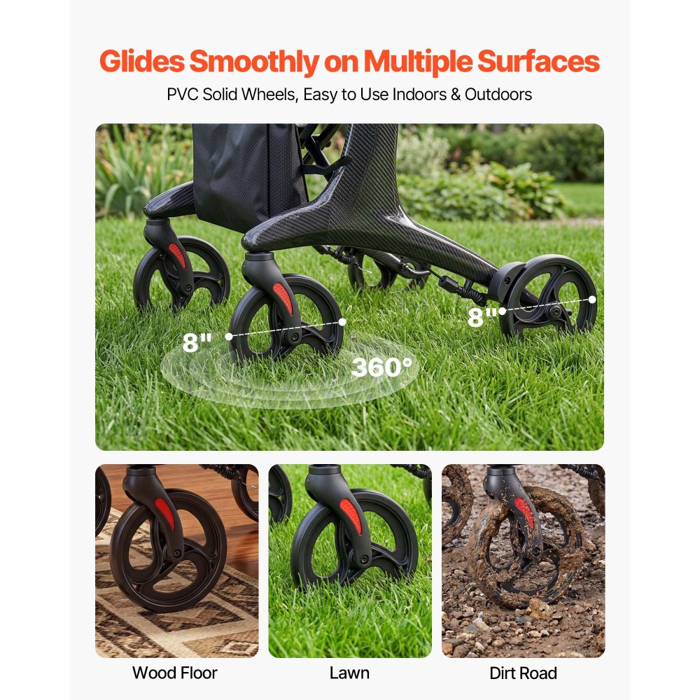 VEVOR składany chodzik z siedziskiem, lekki chodzik z 8-calowymi kołami, pomoc w chodzeniu dla osób o wadze do 136 kg z oparciem, torbą, uchwytem na laskę, pomoc w chodzeniu z regulacją wysokości i funkcją blokady dla seniorów, kolor czarny