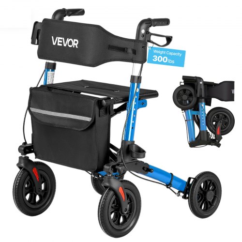 VEVOR 3-kierunkowy składany chodzik z siedziskiem, lekki 4-kołowy chodzik, pomoc w chodzeniu dla osób o wadze do 136 kg z oparciem, torbą i uchwytem na laskę, pomoc w chodzeniu z regulacją wysokości i funkcją blokady dla seniorów, kolor niebieski