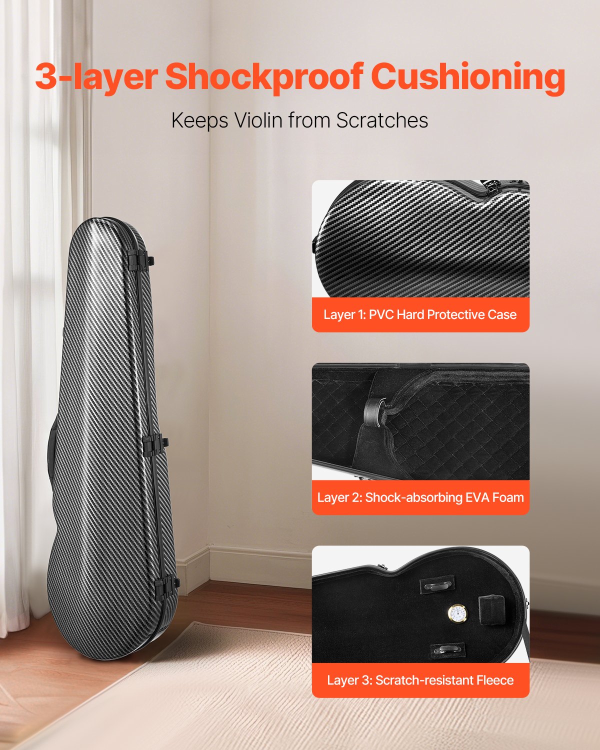 VEVOR 4/4 Full-Size Violin Case, Built-in Hygrometer, Soft-Lined Violin Case, Two Shoulder Straps, Scratch-Resistant, Triangular Shape, for Violin, Black