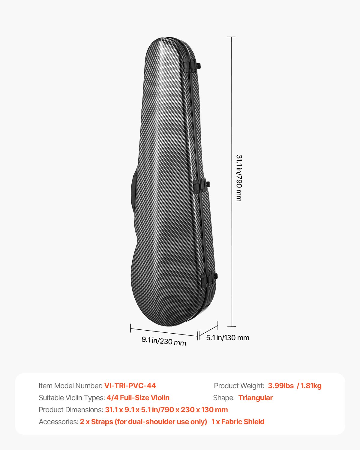 VEVOR 4/4 Full-Size Violin Case, Built-in Hygrometer, Soft-Lined Violin Case, Two Shoulder Straps, Scratch-Resistant, Triangular Shape, for Violin, Black