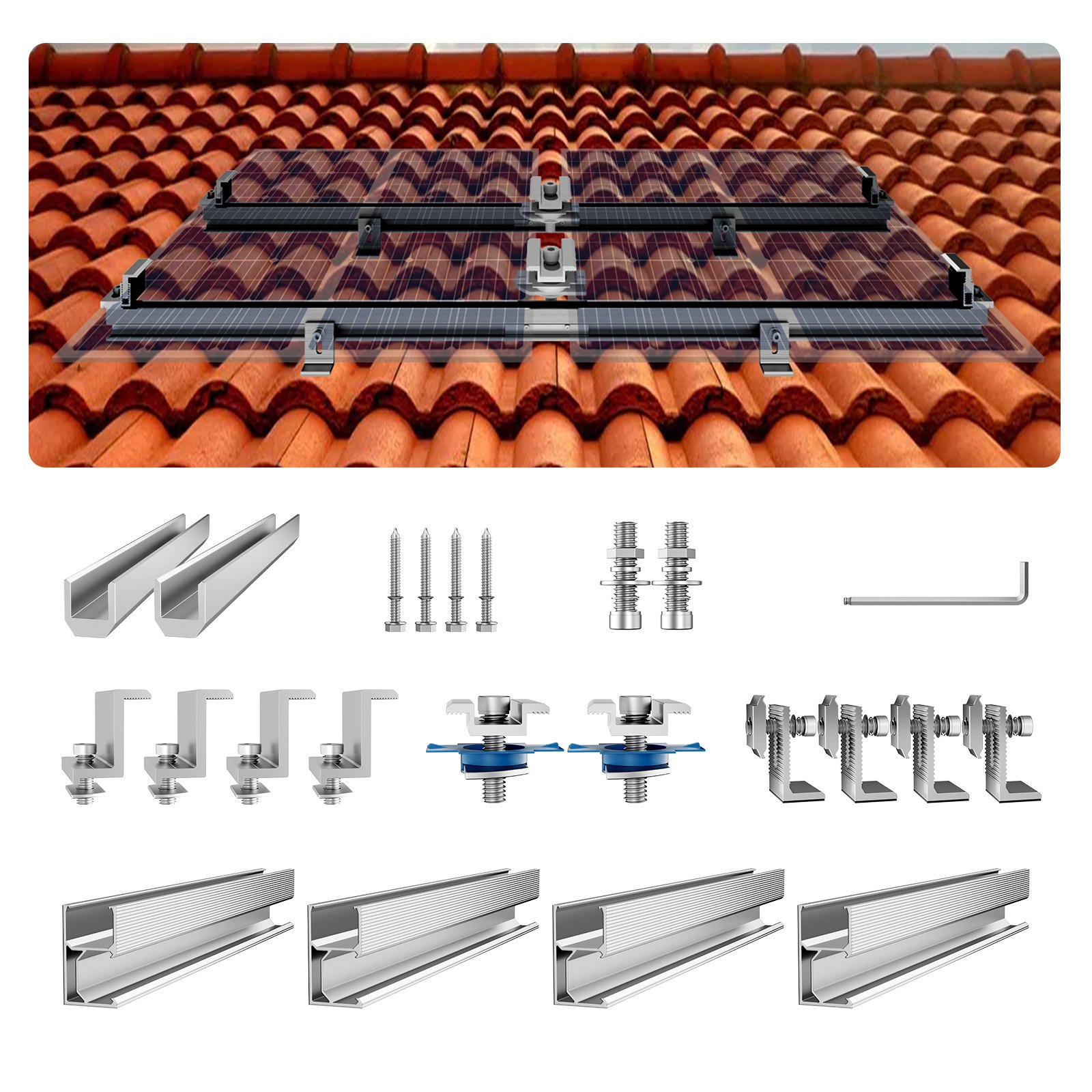 VEVOR Solar Panel Mounting Kit, Solar Panel Mounting Set with 4x 760 mm Rails, 4x End Clamps and 2x Lightweight Clamps, Solar Panel Mounting Brackets for Metal Roofs, Concrete Roofs, Wooden Roofs, Tile Roofs