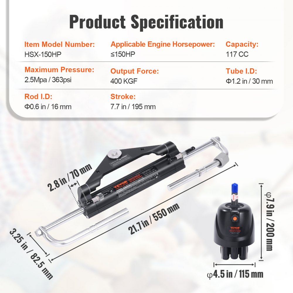 VEVOR Zestaw hydrauliczny do sterowania silnikiem zaburtowym o mocy 150 KM, hydrauliczny układ sterowania łodzią morską z pompą sterującą, dwukierunkowym cylindrem blokady i 7-metrowym wężem hydraulicznym do łodzi jednosilnikowych