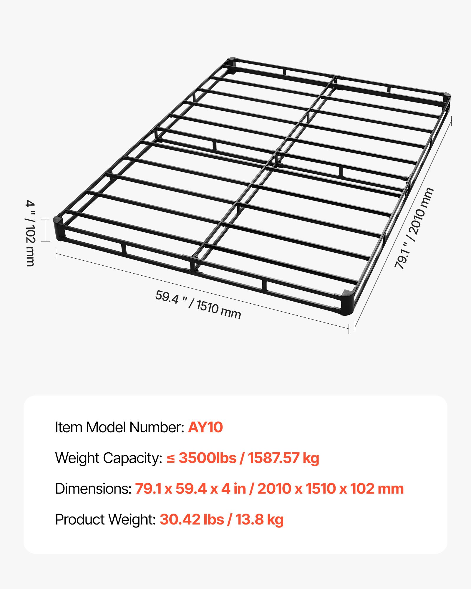 Rama łóżka VEVOR Box Spring (rozmiar queen) ze zmywalnym pokrowcem materiałowym, metalowa rama (2010 x 1510 x 102 mm) do łóżek queen, górna warstwa materaca 102 mm, maks. nośność 1587,57 kg, podstawa materaca