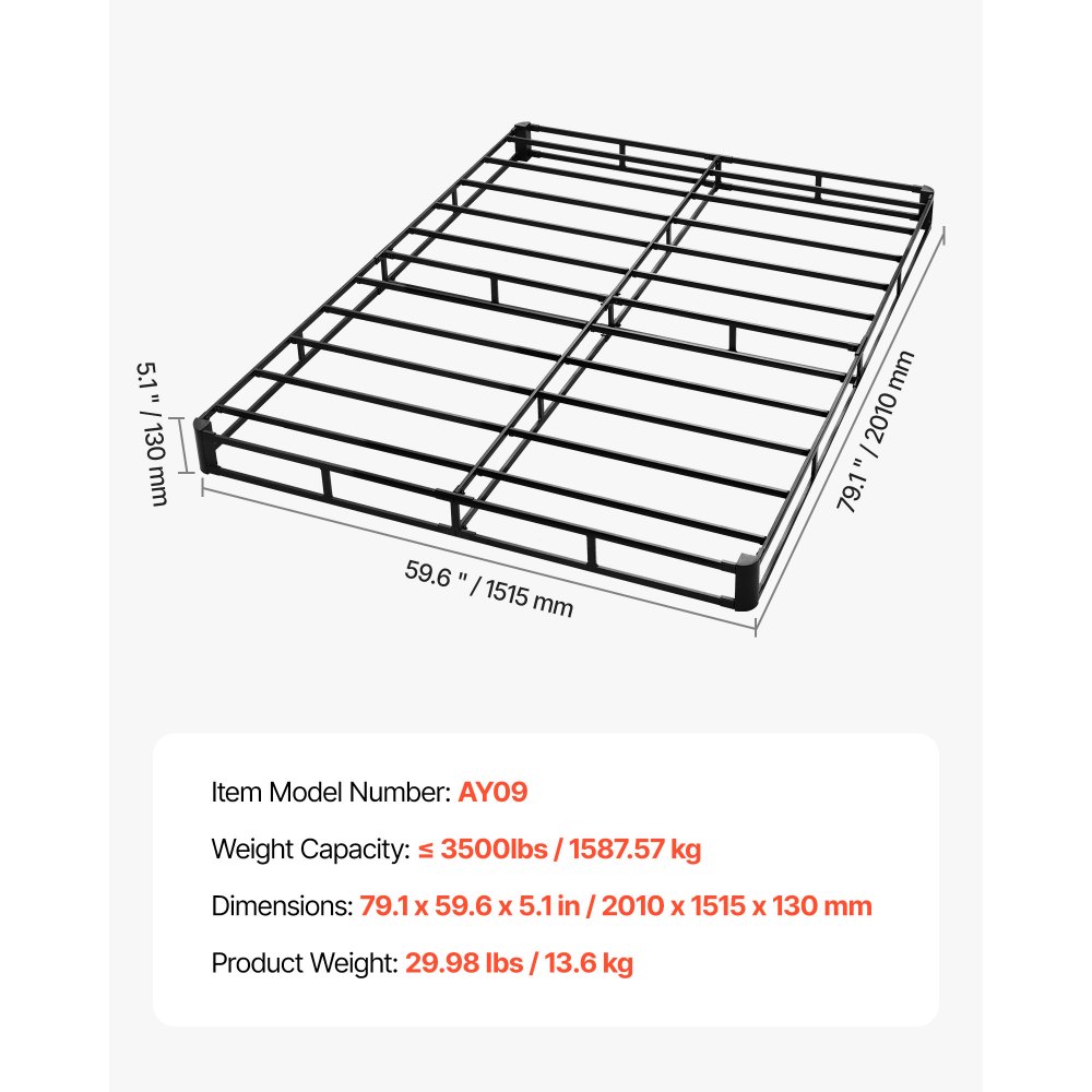 Rama łóżka VEVOR Box Spring (rozmiar queen) ze zmywalnym pokrowcem materiałowym, metalowa rama (2010 x 1515 x 130 mm) do łóżek queen, górna warstwa materaca 13 cm, maks. nośność 1587,57 kg, podstawa materaca