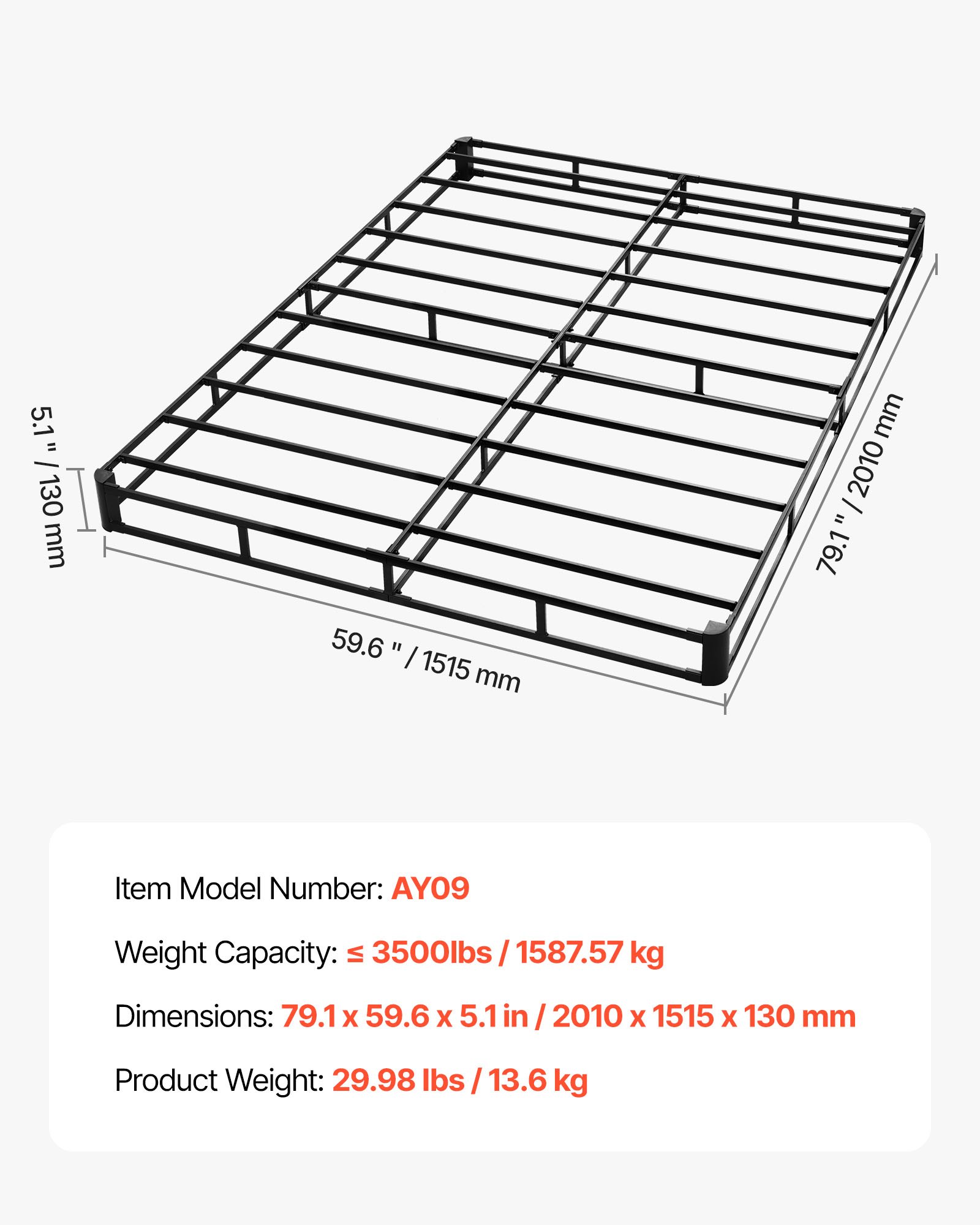 Rama łóżka VEVOR Box Spring (rozmiar queen) ze zmywalnym pokrowcem materiałowym, metalowa rama (2010 x 1515 x 130 mm) do łóżek queen, górna warstwa materaca 13 cm, maks. nośność 1587,57 kg, podstawa materaca