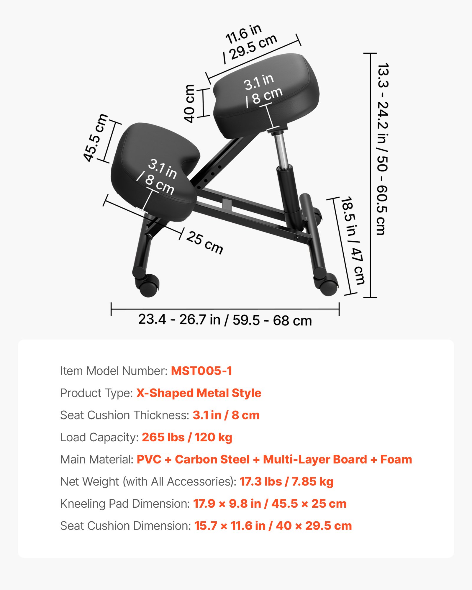VEVOR Ergonomiczny fotel klęczący z kółkami, mobilny, regulowany pod względem wysokości fotel klęczący w kształcie litery X z grubymi poduszkami piankowymi, zapewniający ulgę szyi i pleców, do domu, biura i medytacji, czarny