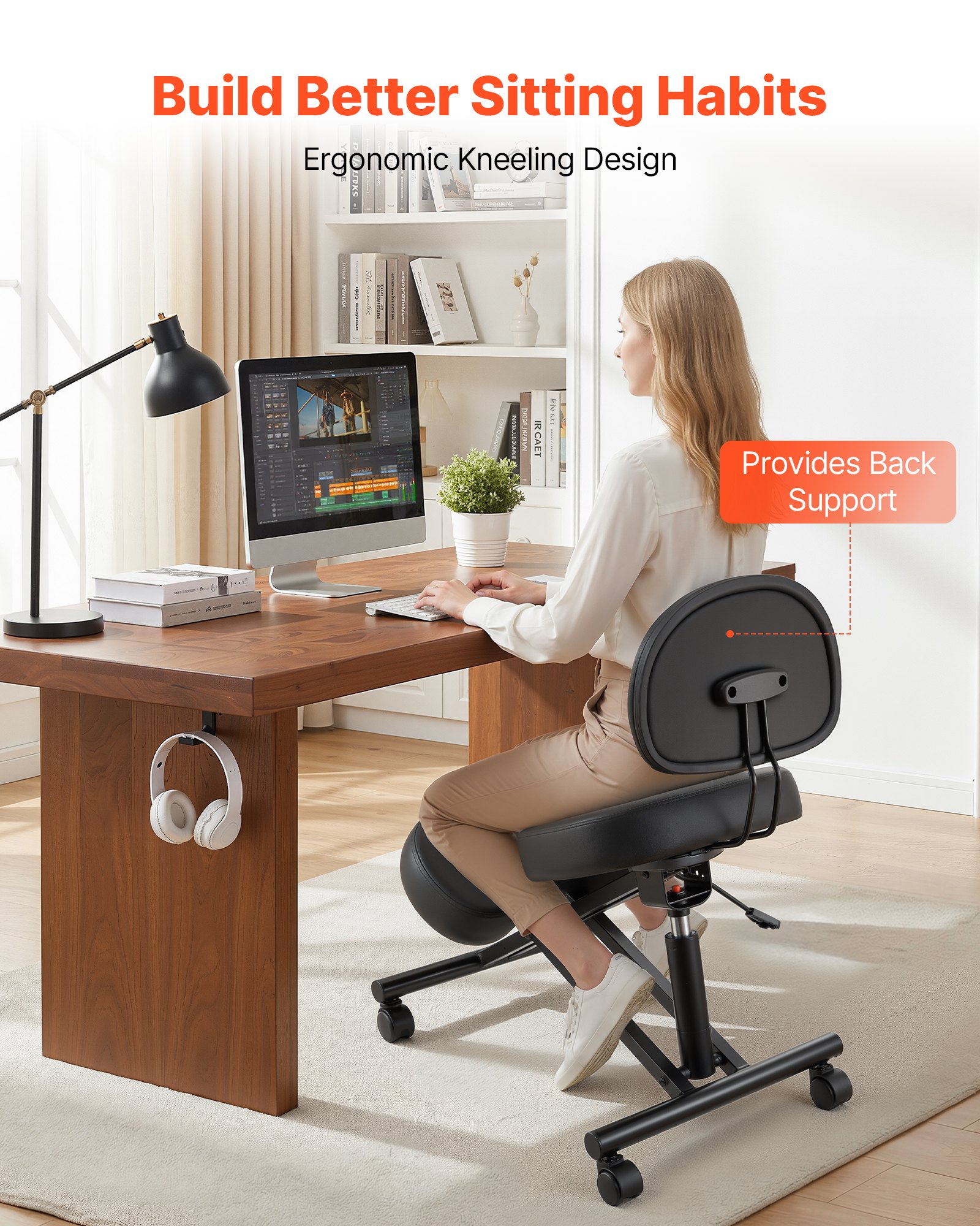 VEVOR Ergonomiczny fotel klęczący z kółkami i oparciem, regulowany pod względem wysokości stołek klęczący w kształcie litery X z grubymi poduszkami piankowymi, zapewniający ulgę szyi i pleców, do domu, biura i medytacji