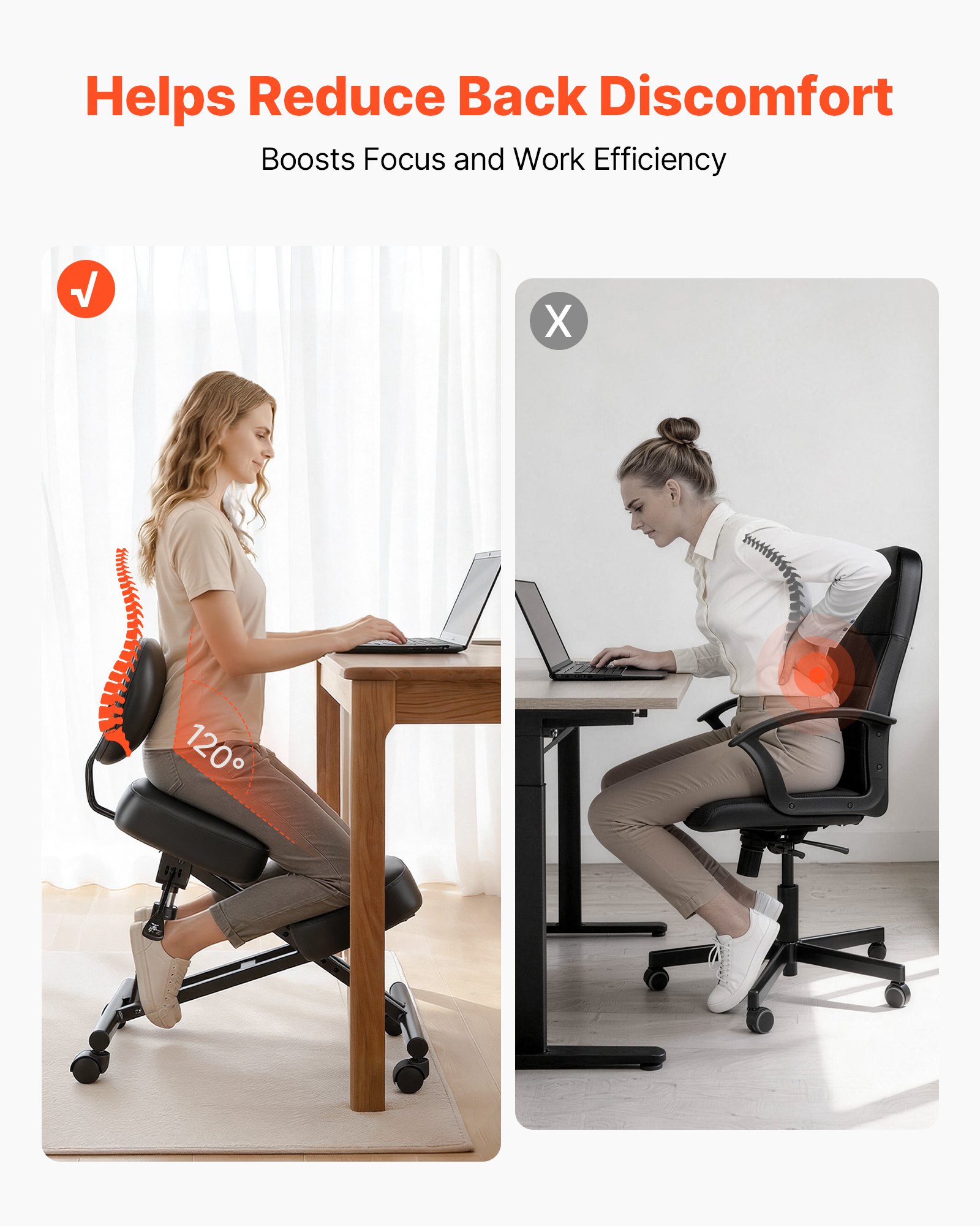 VEVOR Ergonomiczny fotel klęczący z kółkami i oparciem, regulowany pod względem wysokości stołek klęczący w kształcie litery X z grubymi poduszkami piankowymi, zapewniający ulgę szyi i pleców, do domu, biura i medytacji