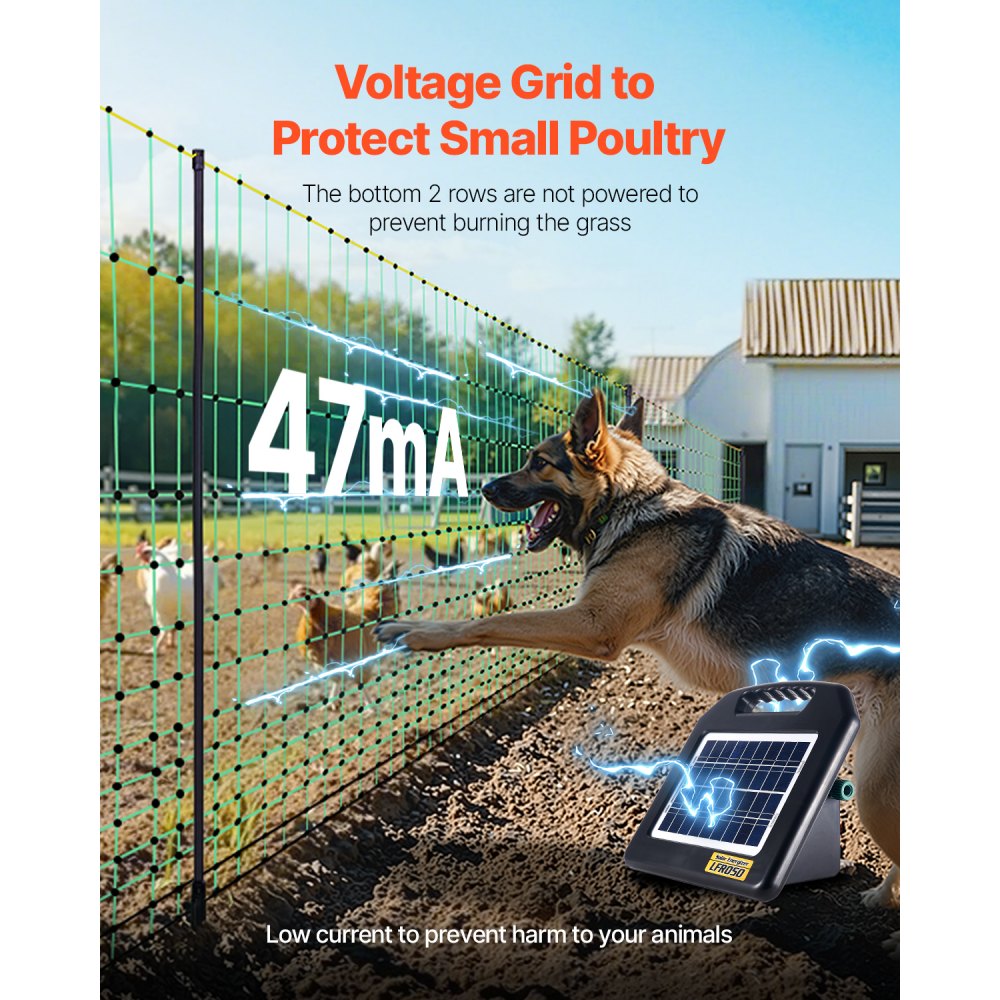 Siatka elektryczna VEVOR, 1,21 x 30,48 m, zestaw ogrodzeniowy z siatki PE ze słupkami i podwójnymi kolcami, wygodna, przenośna siatka dla kur, kaczek, gęsi, królików, do stosowania na podwórkach i w gospodarstwach rolnych