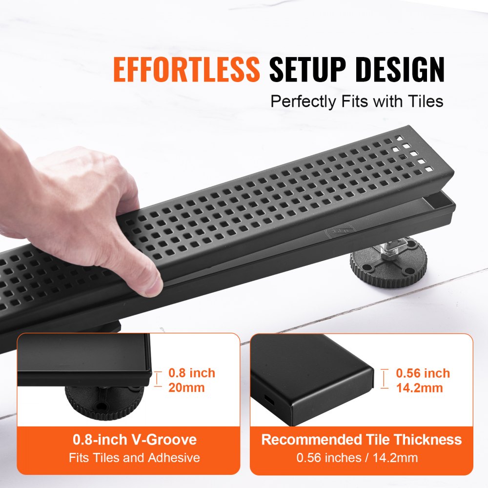 Odpływ prysznicowy VEVOR 609 x 70 x 70 mm Odpływ podłogowy 42,5 l/min Odpływ ze stali nierdzewnej 304 Odpływ prysznicowy Prostokątny odpływ podłogowy prysznica, smukły odpływ liniowy z sitkiem na włosy, matowa czerń