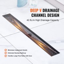 Odpływ liniowy VEVOR 609 x 70 x 70 mm Odpływ podłogowy 42,5 l/min Odpływ odpływowy ze stali nierdzewnej 304 Odpływ prysznicowy prostokątny Odpływ podłogowy prysznicowy, wąski odpływ liniowy z sitkiem, czarny mat