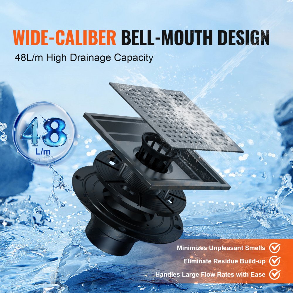 Odpływ prysznicowy VEVOR 140 x 140 x 15 mm odpływ podłogowy 48 l/min kanał odpływowy stal nierdzewna 304 odpływ odpływ prysznicowy prostokątny odpływ podłogowy prysznicowy wąski odpływ liniowy z sitkiem, czarny mat