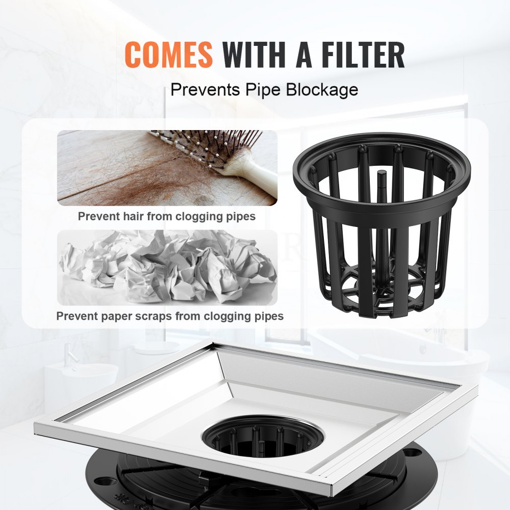 Odpływ prysznicowy VEVOR 152,5 x 152,5 x 90 mm odpływ podłogowy 42,5 l/min kanał odpływowy stal nierdzewna 304 odpływ odpływ prysznicowy prostokątny odpływ podłogowy prysznica, odpływ liniowy z nóżkami poziomującymi, sitko, srebrny