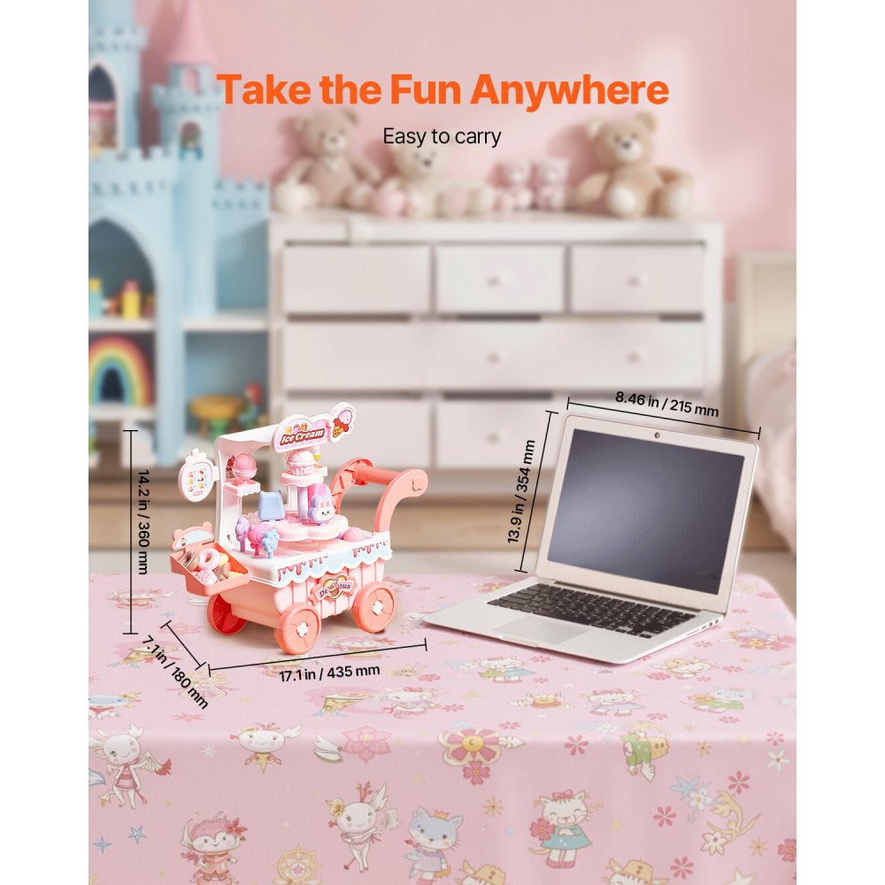 VEVOR Wozek z lodami, 27-częściowy zestaw akcesoriów, PP Lodziarnia, wózek do przechowywania z pieniędzmi do zabawy, efektami świetlnymi i dźwiękowymi, zabawka edukacyjna Montessori, do odgrywania ról dla maluchów w wieku od 3 lat (różowy)