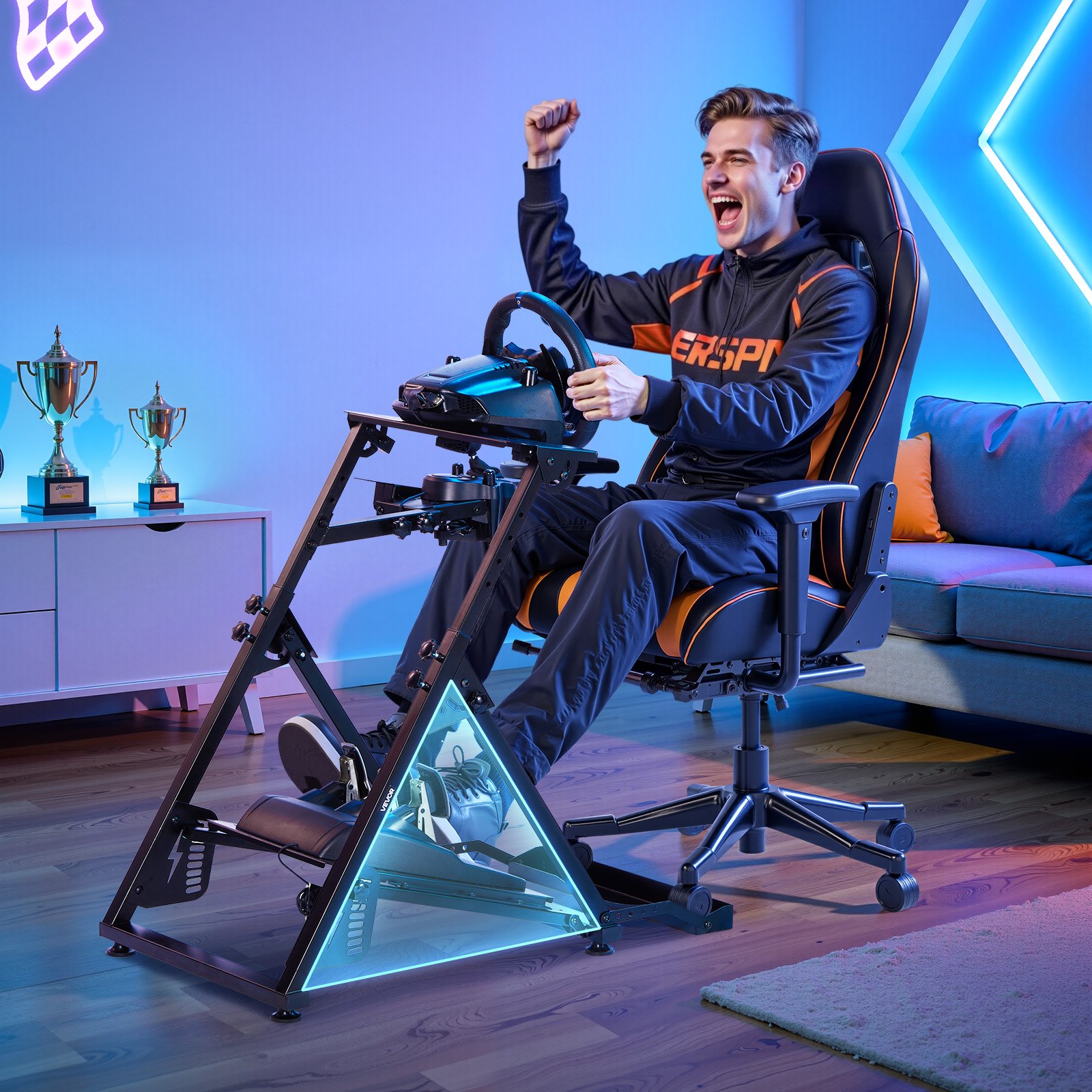 VEVOR Podstawka pod kierownicę, regulowany i składany stojak symulacyjny do kokpitu gamingowego Logitech G923 G920 G29 G27, Thrustmaster T300RS TX F458 T500RS T3PA-PRO (F1/GT), symulator pedałów nie jest dołączony