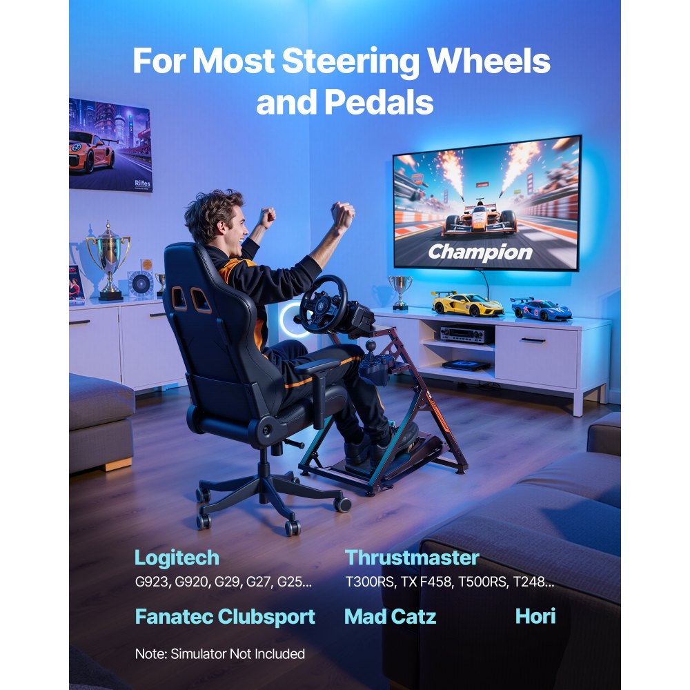 VEVOR Podstawka pod kierownicę, regulowany i składany stojak symulacyjny do G923, G920, G29, G27, Thrustmaster T300RS TX, F458, T500RS, T3PA-PRO (F1/GT), kokpit do gier, symulator pedałów nie jest dołączony, kompaktowy