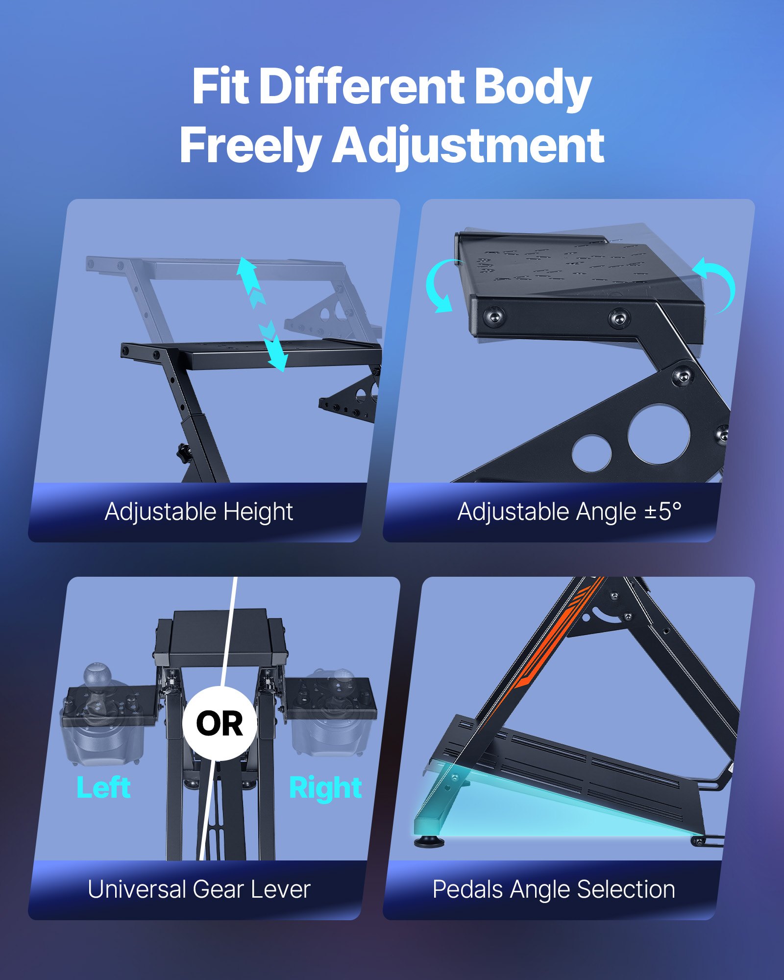 VEVOR Podstawka pod kierownicę, regulowany i składany stojak symulacyjny do G923, G920, G29, G27, Thrustmaster T300RS TX, F458, T500RS, T3PA-PRO (F1/GT), kokpit do gier, symulator pedałów nie jest dołączony, kompaktowy