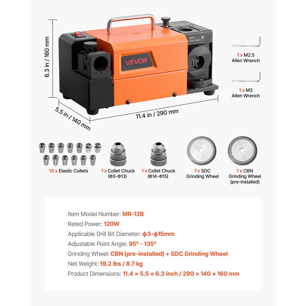 Ostrzałka do wierteł VEVOR MR-13B, 3-15 mm, z regulowanym kątem luzu warg i kątem wierzchołkowym 95°-135°, 4600 obr./min, 120 W, z 13 tulejami zaciskowymi, tarczami szlifierskimi CBN i SDC