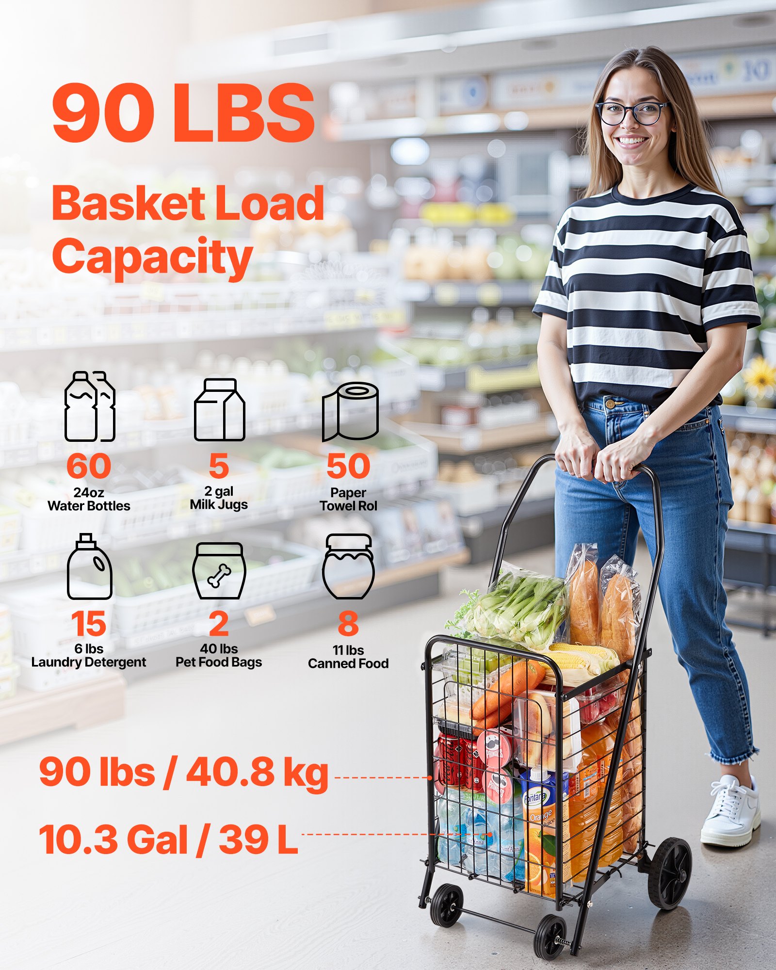 Wózek sklepowy VEVOR, składany wózek sklepowy z kołami obrotowymi i udźwigiem 40,8 kg, 39 l, wózek na pranie, na zakupy, kemping, artykuły spożywcze, bagaż, czarny