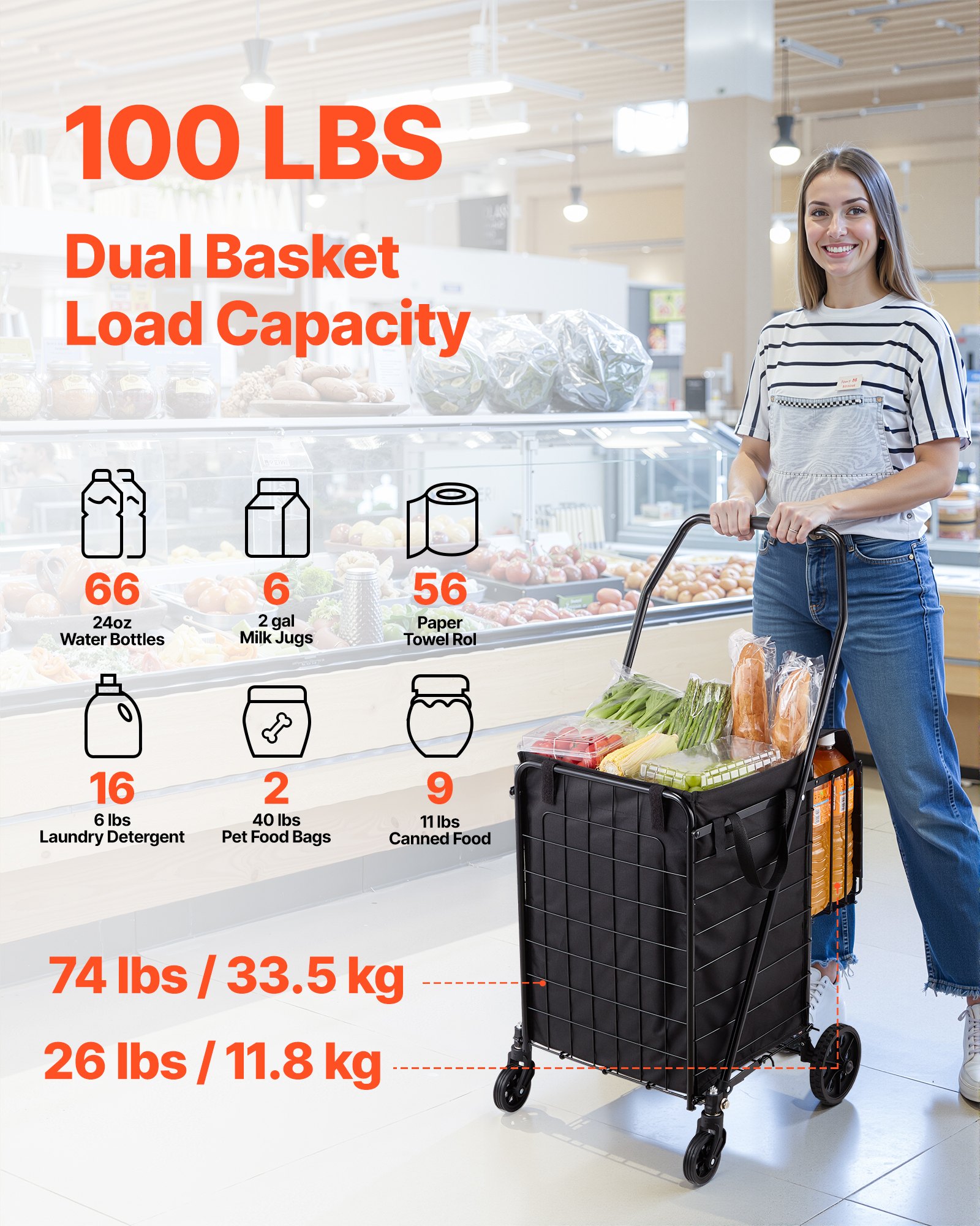 Wózek sklepowy VEVOR, składany wózek sklepowy z dwoma koszami, wodoodporna wyściółka i koła, ładowność 45,3 kg, 64 + 10 l, wózek sklepowy na pranie, zakupy, kemping, artykuły spożywcze