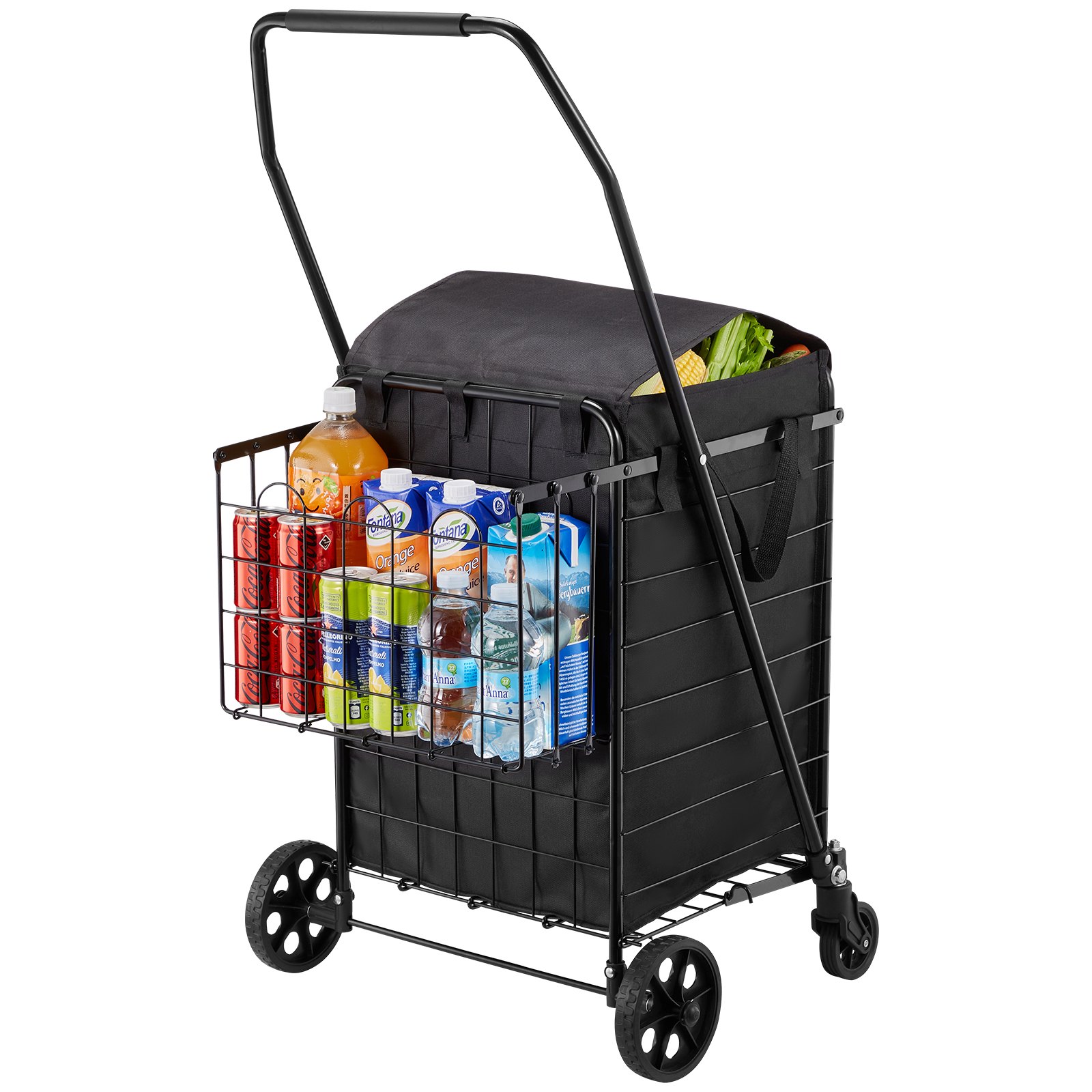 Wózek sklepowy VEVOR, składany wózek sklepowy z dwoma koszami, wodoodporna wyściółka i koła, ładowność 45,3 kg, 64 + 10 l, wózek sklepowy na pranie, zakupy, kemping, artykuły spożywcze