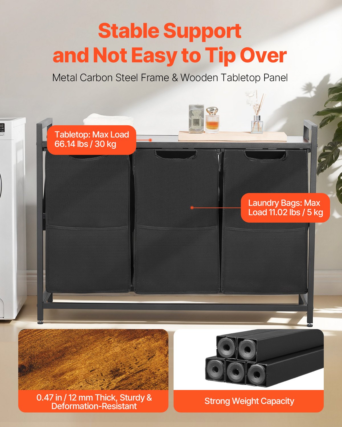 Kosz na pranie VEVOR z drewnianym blatem, sortownik na pranie z 3 rozkładanymi torbami (tkanina Oxford 600D) i metalową ramą, system sortowania prania na brudne ubrania, łazienka, czarny