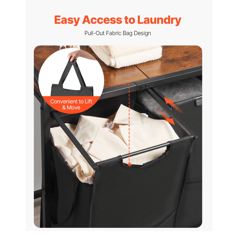 VEVOR 2 Section Laundry Sorter, Large Laundry Hamper with Metal Frame and Wooden Tabletop, Freestanding Storage Organizer Baskets with Pull-Out 600D Oxford Cloth Bags for Dirty Clothes, Bathroom