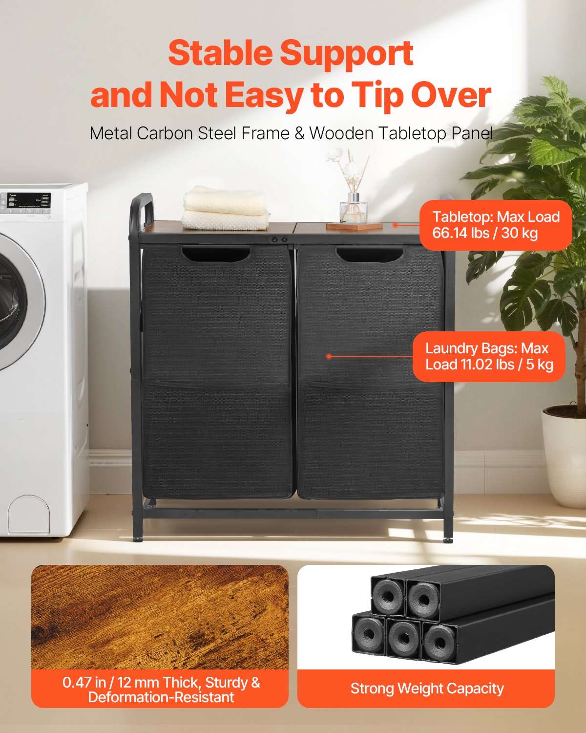 VEVOR 2 Section Laundry Sorter, Large Laundry Hamper with Metal Frame and Wooden Tabletop, Freestanding Storage Organizer Baskets with Pull-Out 600D Oxford Cloth Bags for Dirty Clothes, Bathroom