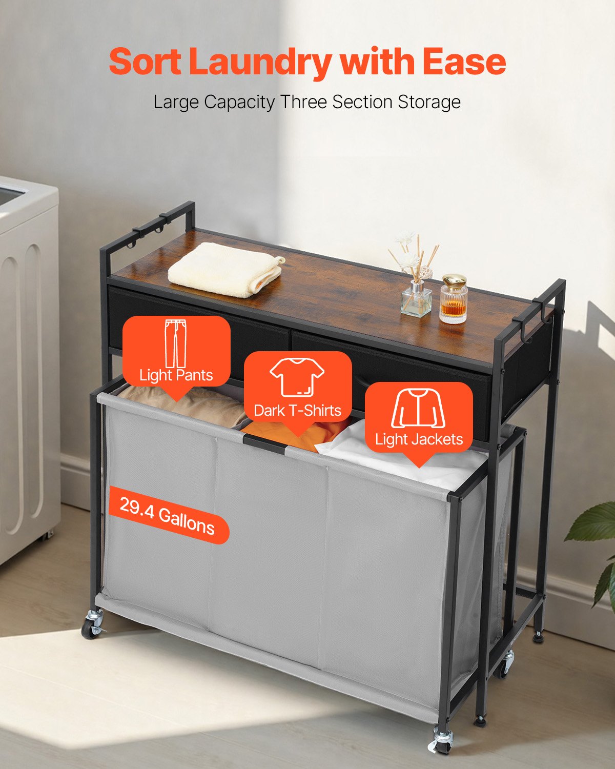 VEVOR 3 Section Laundry Sorter, Rolling Laundry Hamper with 2 Drawers, Hooks & Wheels, Rolling Basket Organizer Storage with Pull-Out Rolling Bags and Wooden Tabletop for Dirty Clothes, Bathroom