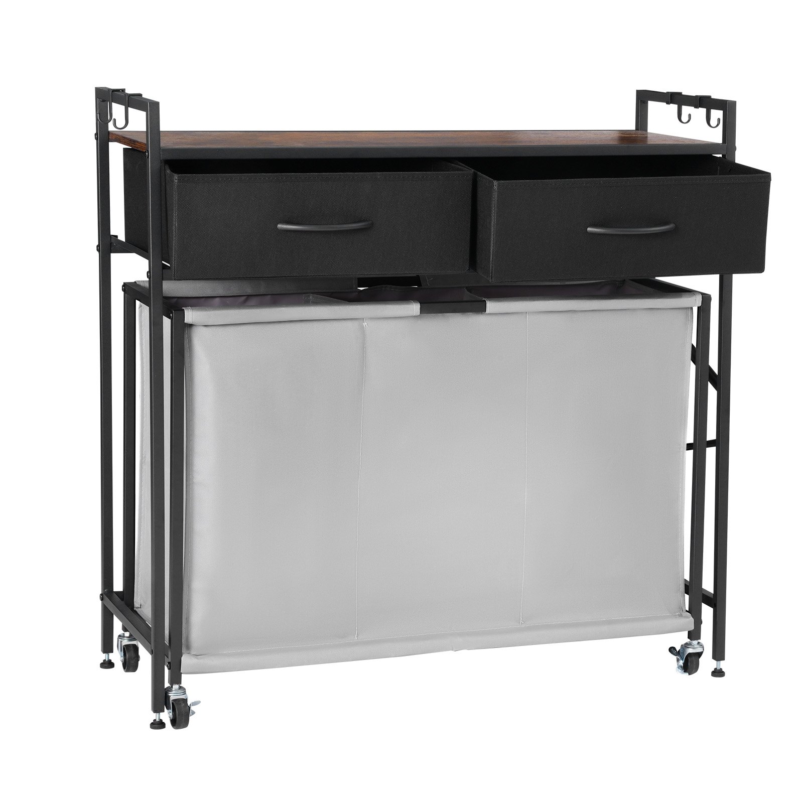 VEVOR 3 Section Laundry Sorter, Rolling Laundry Hamper with 2 Drawers, Hooks & Wheels, Rolling Basket Organizer Storage with Pull-Out Rolling Bags and Wooden Tabletop for Dirty Clothes, Bathroom