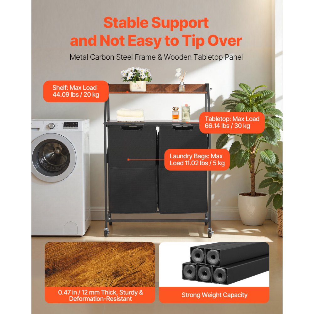 VEVOR Kosz na pranie, sortownik do prania z 2 przegrodami (tkanina Oxford 600D) i drewnianym blatem, kosz na pranie na kółkach z półkami drabinkowymi, separator do prania, system sortowania brudnych ubrań