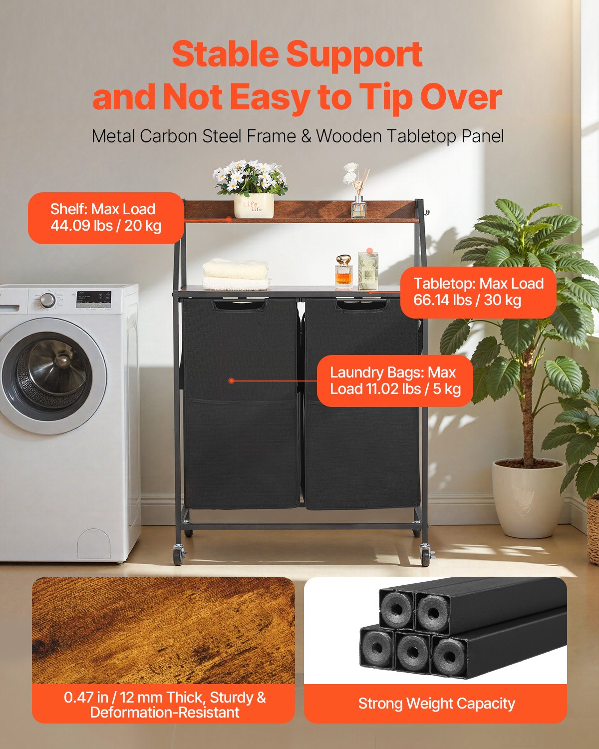 VEVOR Kosz na pranie, sortownik do prania z 2 przegrodami (tkanina Oxford 600D) i drewnianym blatem, kosz na pranie na kółkach z półkami drabinkowymi, separator do prania, system sortowania brudnych ubrań