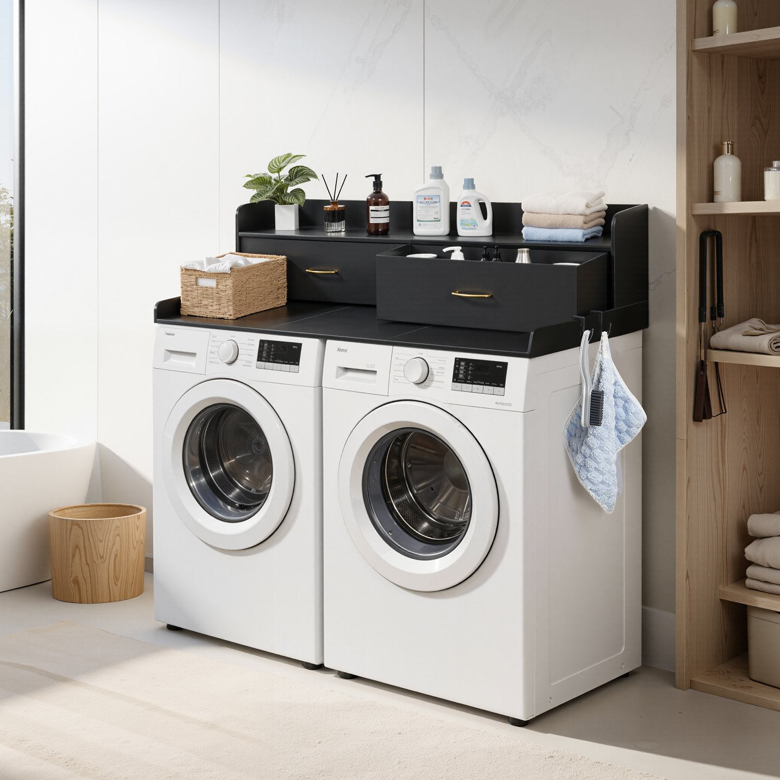 VEVOR Washer Dryer Countertop with Shelf, 137 x 69.9 cm Wooden Washer and Dryer Topper with 2 Drawers & Hooks, Laundry Machine Topper for Laundry Closet Pantry Counter Organization and Storage, Black