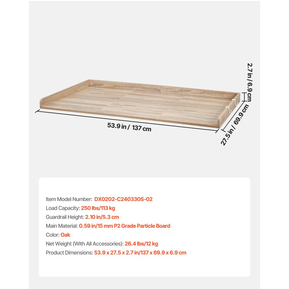 Blat roboczy VEVOR do pralki i suszarki (137 x 69,9 cm) z podniesioną krawędzią i haczykami, do organizacji i przechowywania w szafie na pościel, spiżarni, blacie kuchennym, udźwig 113 kg, imitacja dębu