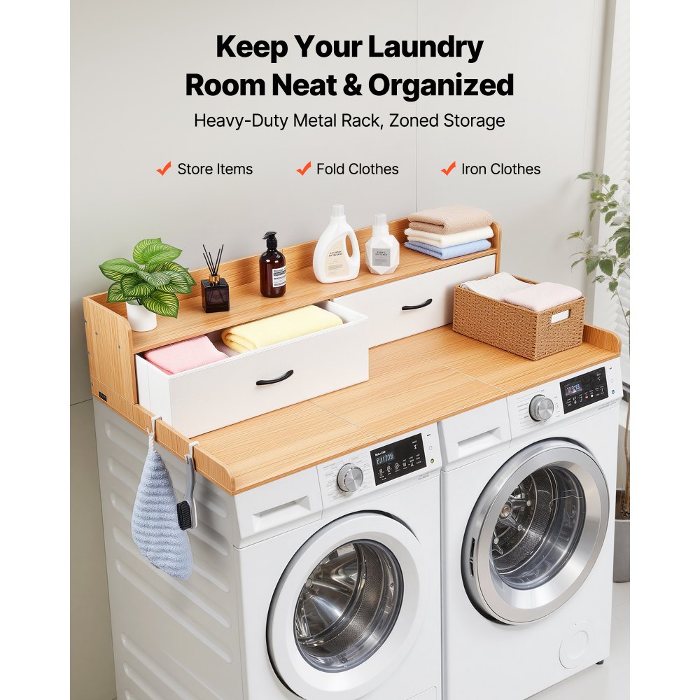 VEVOR Washer Dryer Countertop with Shelf, 137x69.9cm Wooden Washer and Dryer Topper with 2 Drawers & 2 Hooks, Laundry Machine Topper for Laundry Closet Pantry Counter Organization & Storage, Burlywood