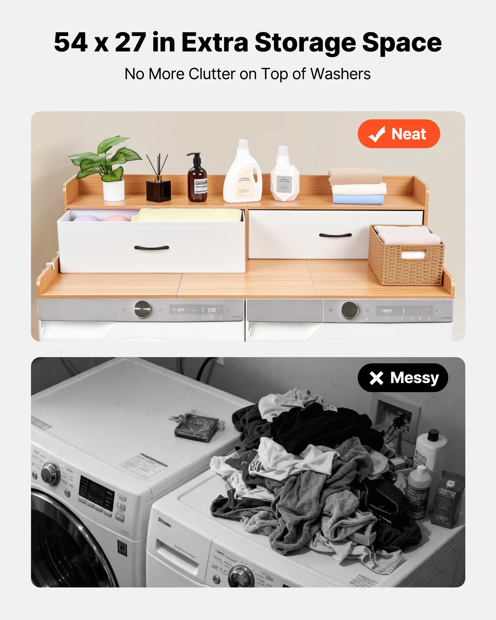 VEVOR Washer Dryer Countertop with Shelf, 137x69.9cm Wooden Washer and Dryer Topper with 2 Drawers & 2 Hooks, Laundry Machine Topper for Laundry Closet Pantry Counter Organization & Storage, Burlywood