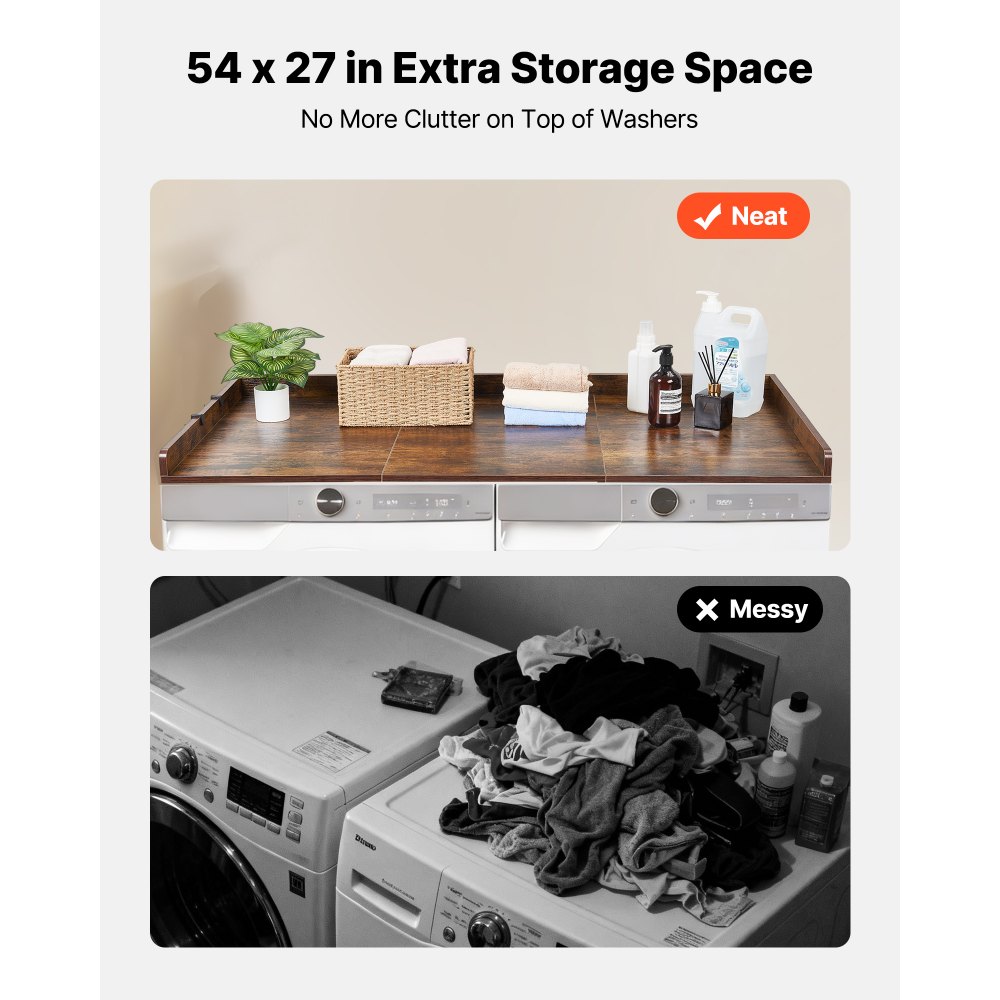 Blat roboczy VEVOR do pralki i suszarki (137 x 69,9 cm) z podniesioną krawędzią i haczykami, do organizacji i przechowywania w szafie na pościel, spiżarni, blacie kuchennym, udźwig 113 kg, kolor brązowy
