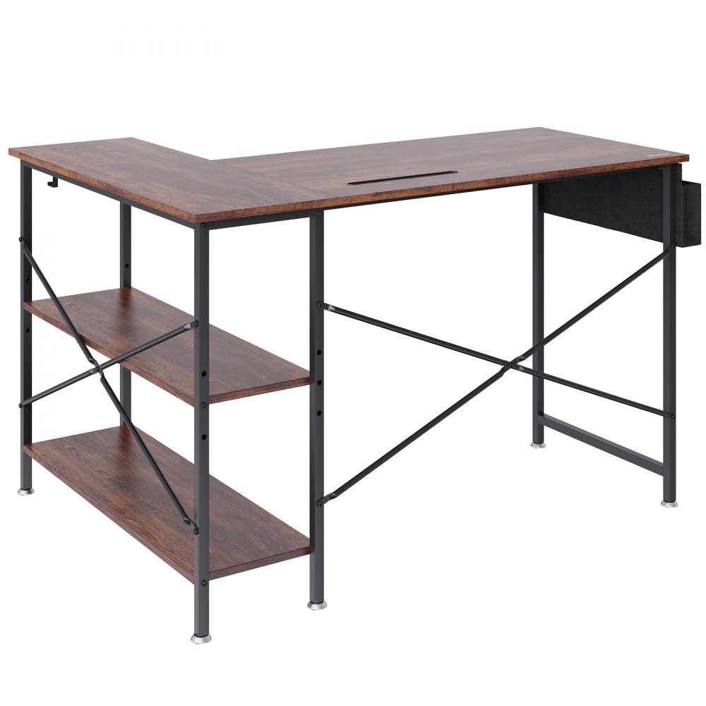Biurko narożne VEVOR Biurko w kształcie litery L Brązowe 1200 x 890 x 760 mm Stół w kształcie litery L, biurko w kształcie litery L, oszczędność miejsca dzięki podwójnym półkom i haczykom, idealne do gabinetu, domu, biura itp.