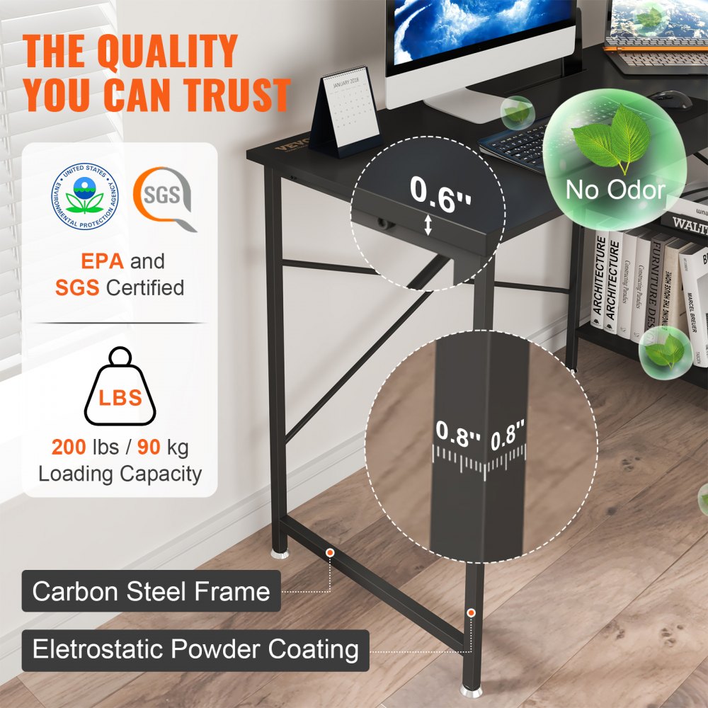 Biurko narożne VEVOR Biurko w kształcie litery L Czarne 1200 x 890 x 760 mm Stół w kształcie litery L, biurko w kształcie litery L, oszczędność miejsca dzięki podwójnym półkom i haczykom, idealne do gabinetu, domu, biura itp.